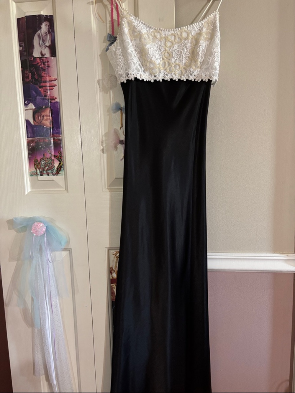 90’s Vintage Black Maxi Dress White Lace Babydoll Evening Party Prom Pageant Y2K
